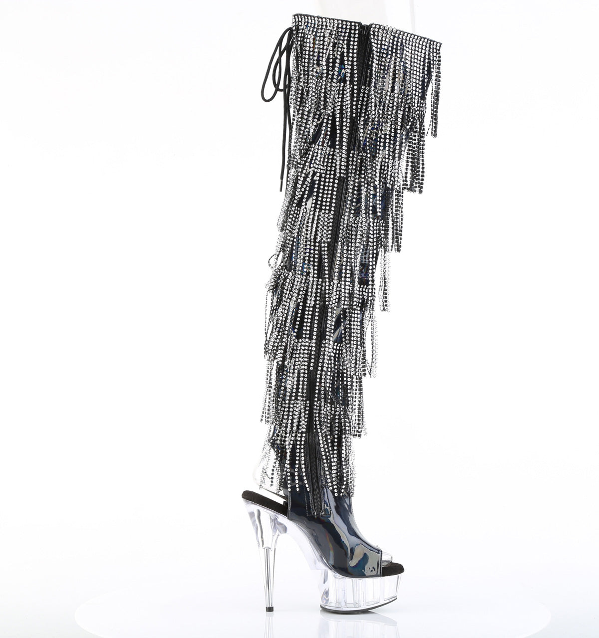 DELIGHT-3017HG-RSF 6" Heel, 1 3/4" PF 7-Layer Fringe Lace-Up Back Thigh Boot