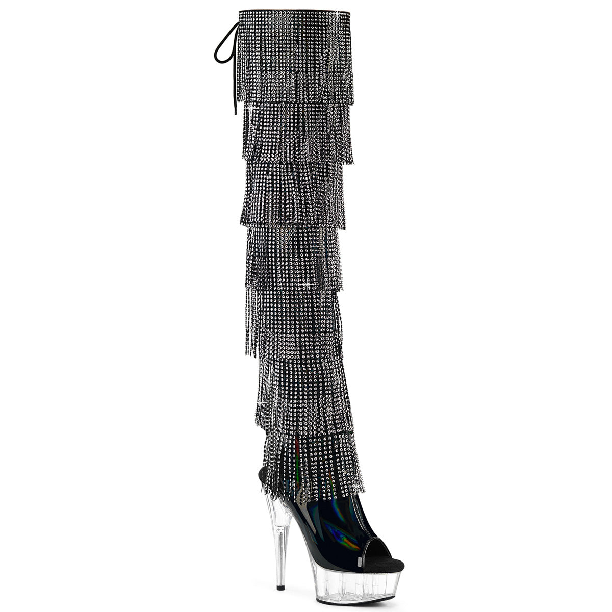 DELIGHT-3017HG-RSF 6" Heel, 1 3/4" PF 7-Layer Fringe Lace-Up Back Thigh Boot