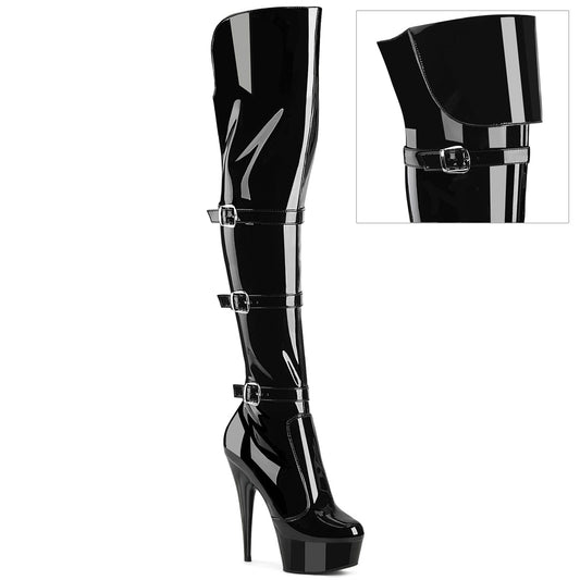 DELIGHT-3018 6" Heel, 1 3/4" PF Triple Buckle Strap OTK Boot, Side Zip