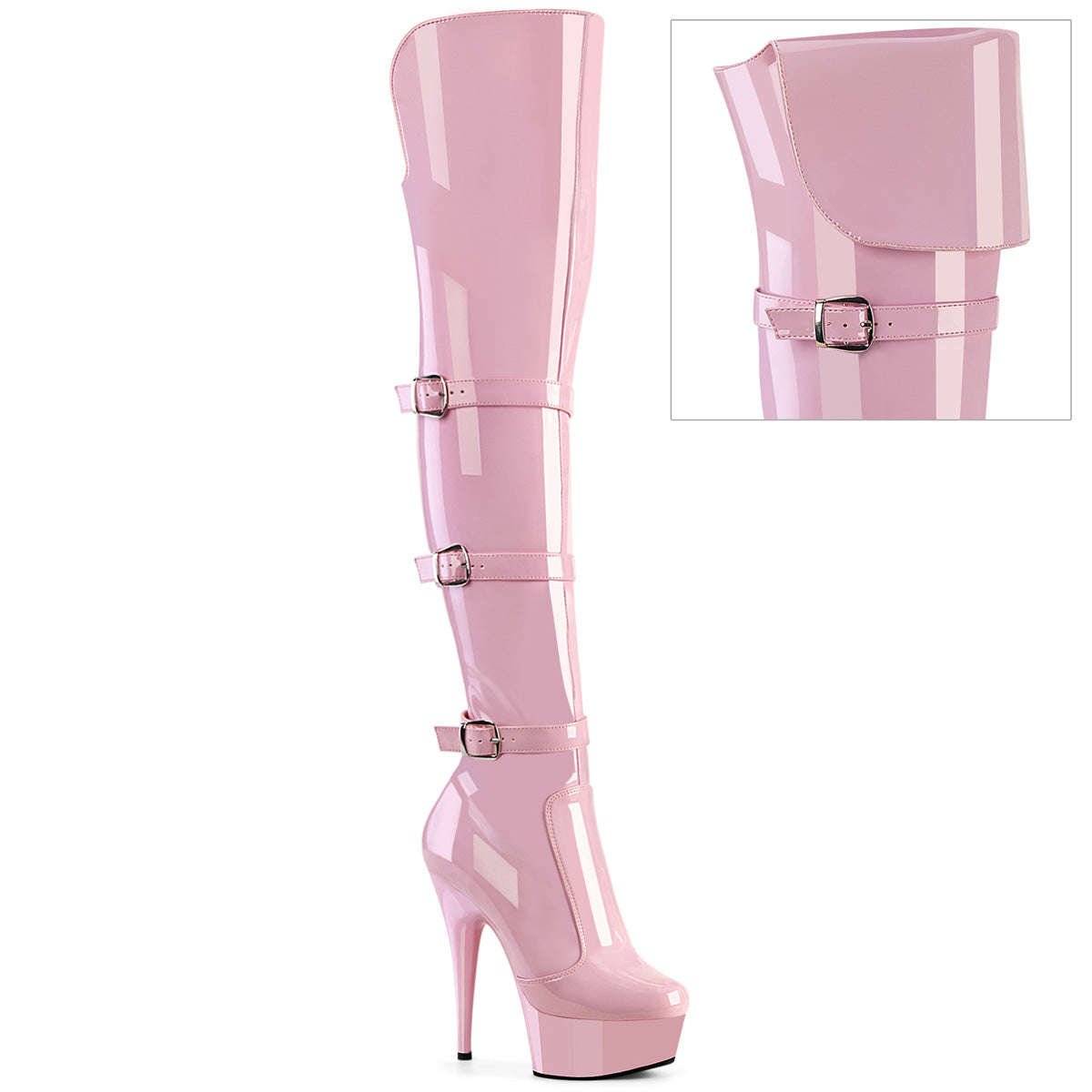 DELIGHT-3018 6" Heel, 1 3/4" PF Triple Buckle Strap OTK Boot, Side Zip