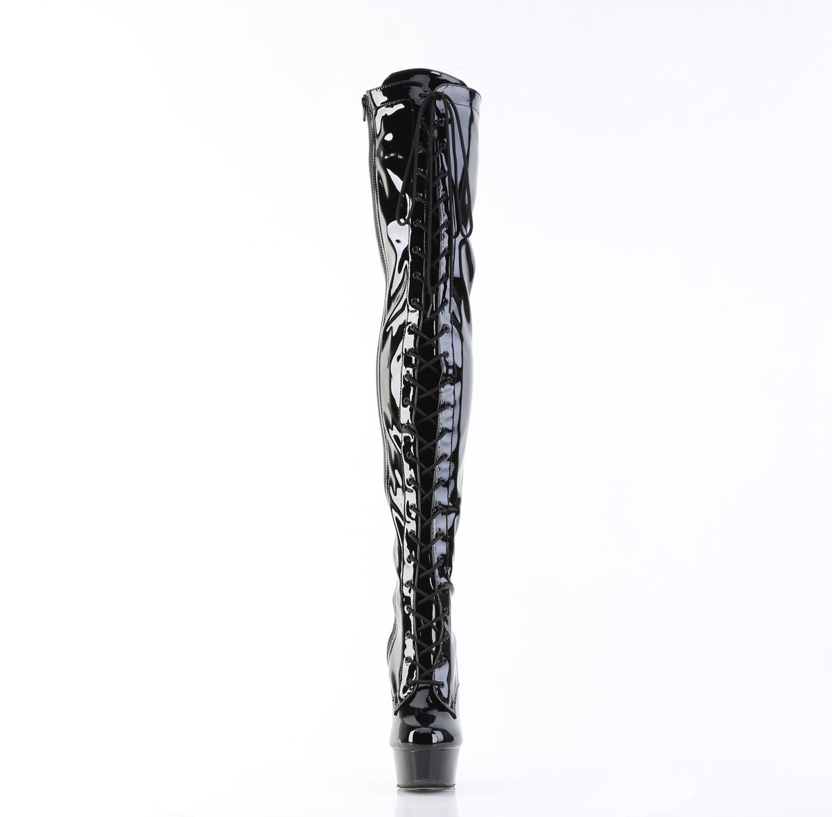DELIGHT-3023 6" Heel, 1 3/4" PF Lace-Up Stretch Thigh Boot, Side Zip
