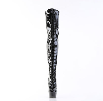 DELIGHT-3023 6" Heel, 1 3/4" PF Lace-Up Stretch Thigh Boot, Side Zip