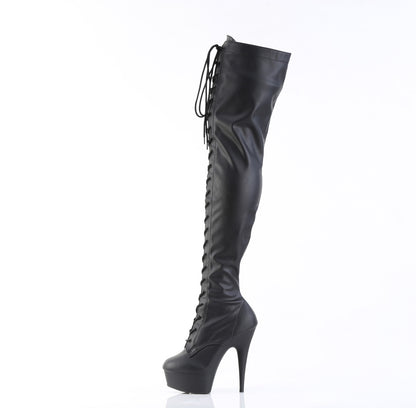 DELIGHT-3023 6" Heel, 1 3/4" PF Lace-Up Stretch Thigh Boot, Side Zip
