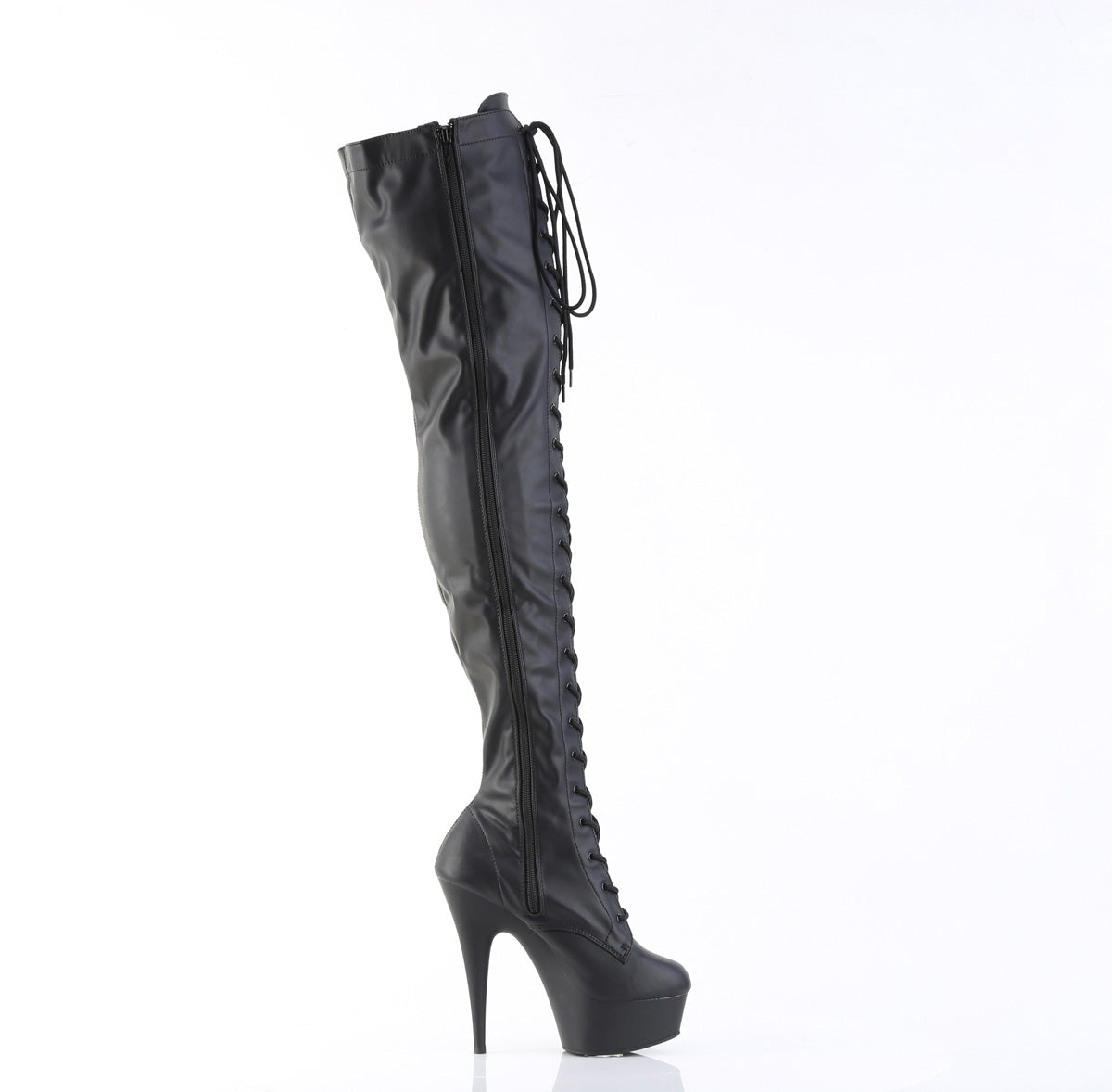 DELIGHT-3023 6" Heel, 1 3/4" PF Lace-Up Stretch Thigh Boot, Side Zip
