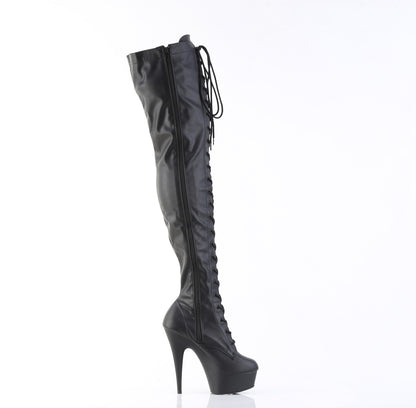 DELIGHT-3023 6" Heel, 1 3/4" PF Lace-Up Stretch Thigh Boot, Side Zip