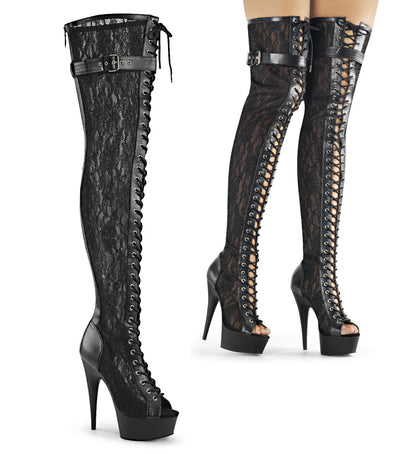 DELIGHT-3025ML 6" Heel, 1 3/4" PF Peep Toe Lace-up Thigh Boot, Back Zip