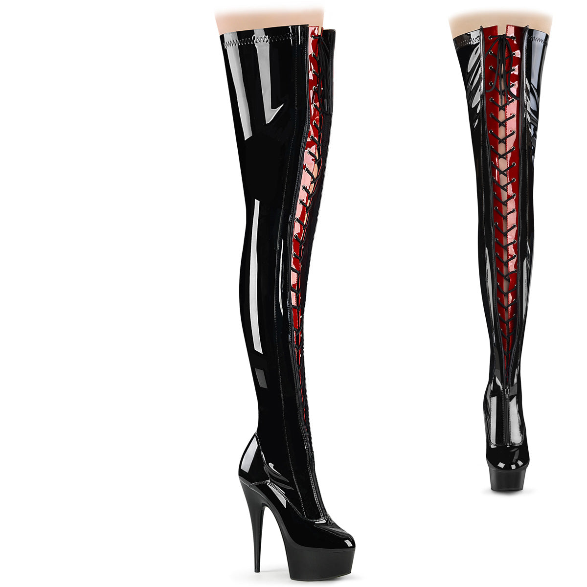 DELIGHT-3027 *6" Heel, 1 3/4" PF Two Tone Thigh High Boot, Front Zip