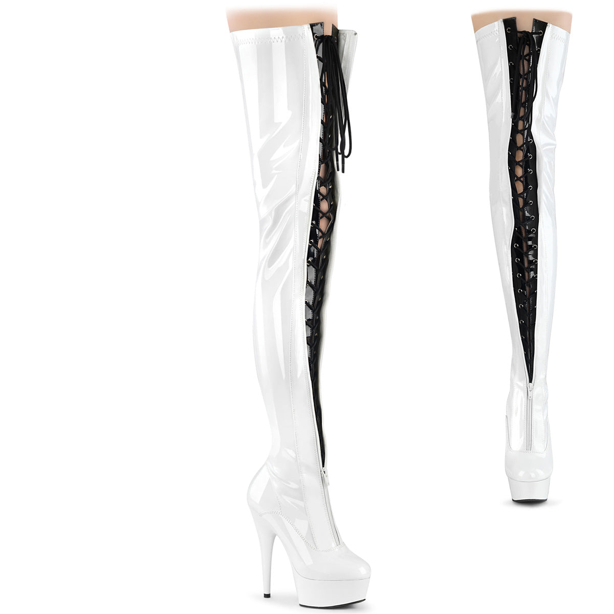 DELIGHT-3027 *6" Heel, 1 3/4" PF Two Tone Thigh High Boot, Front Zip