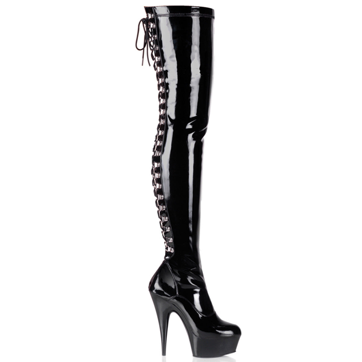 DELIGHT-3063 6" Heel, 1 3/4" PF Back Lace Thigh Boot, Side Zip
