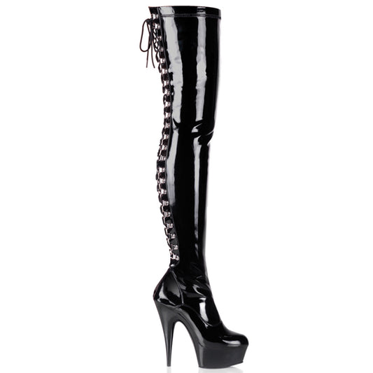 DELIGHT-3063 6" Heel, 1 3/4" PF Back Lace Thigh Boot, Side Zip