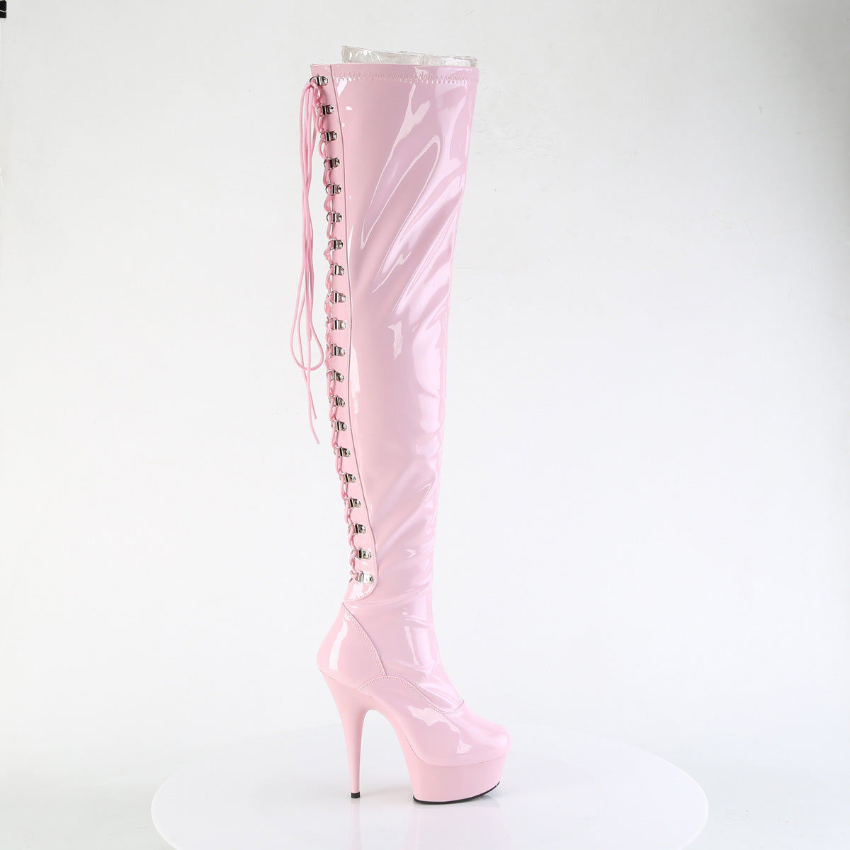 DELIGHT-3063 6" Heel, 1 3/4" PF Back Lace Thigh Boot, Side Zip