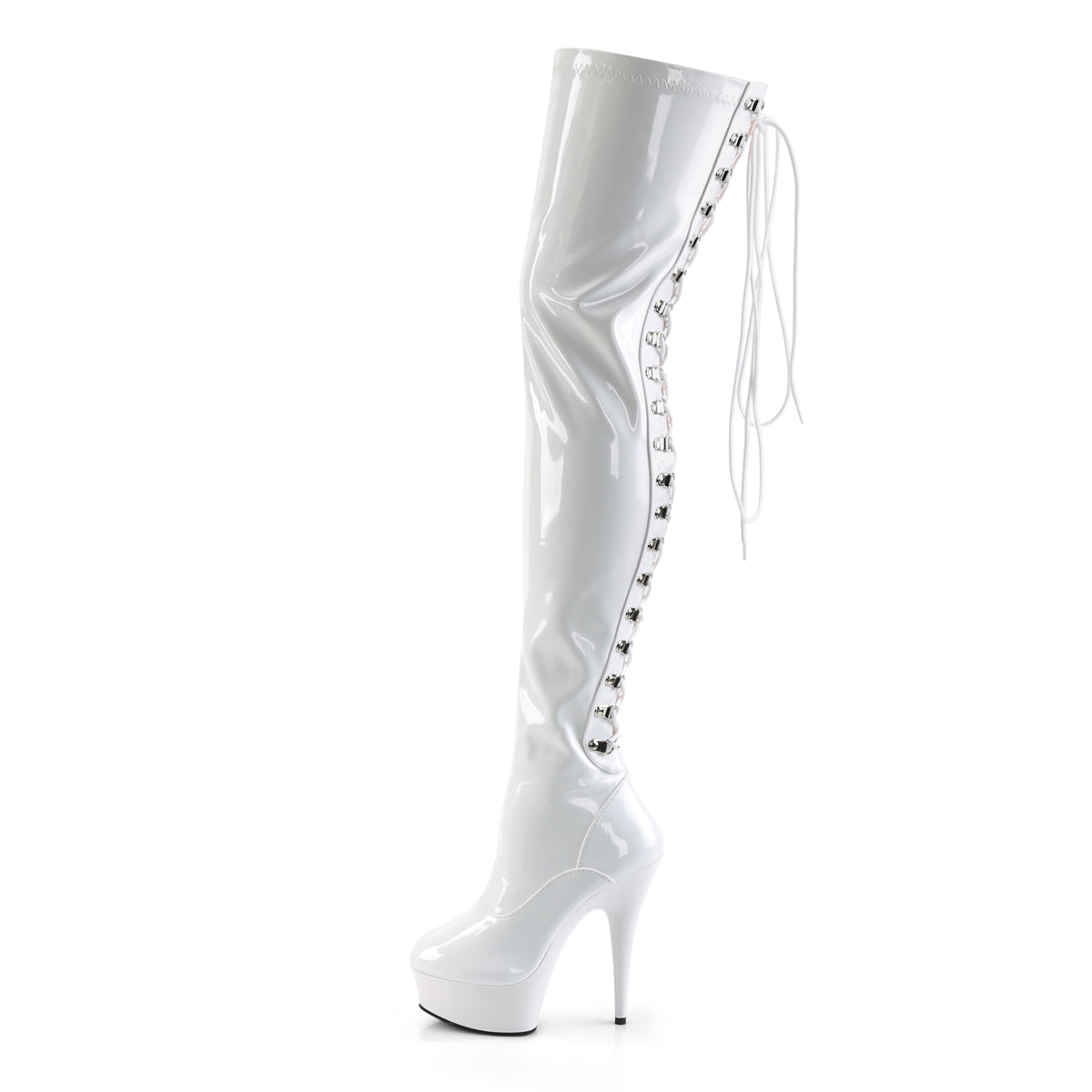 DELIGHT-3063 *6" Heel, 1 3/4" PF Back Lace Stretch Thigh Boot, Side Zip