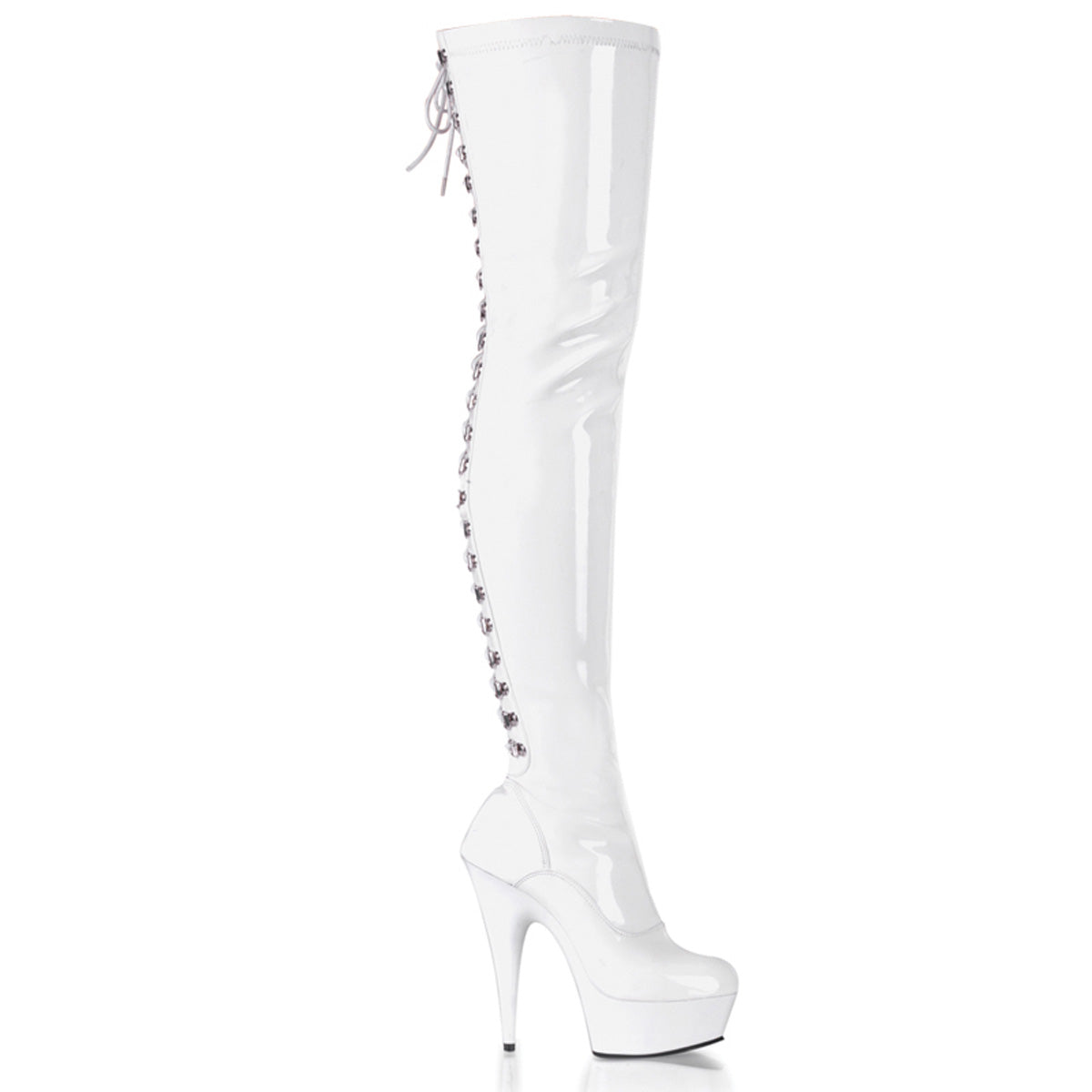 DELIGHT-3063 *6" Heel, 1 3/4" PF Back Lace Stretch Thigh Boot, Side Zip