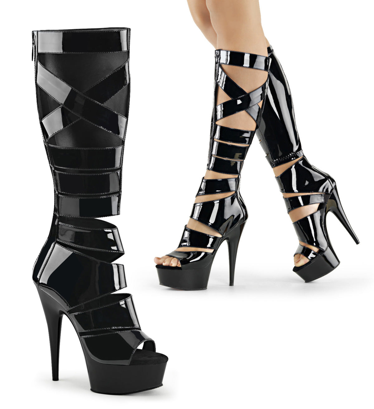 DELIGHT-600-49 6" Heel, 1 3/4" PF Knee High Gladiator Boot, Back Zip