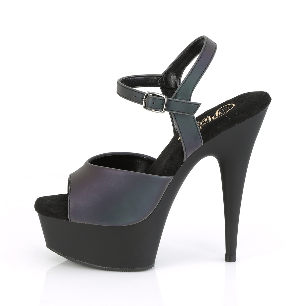 DELIGHT-609REFL *6" Heel, 1 3/4" PF Ankle Strap Sandal w/Reflective Effect