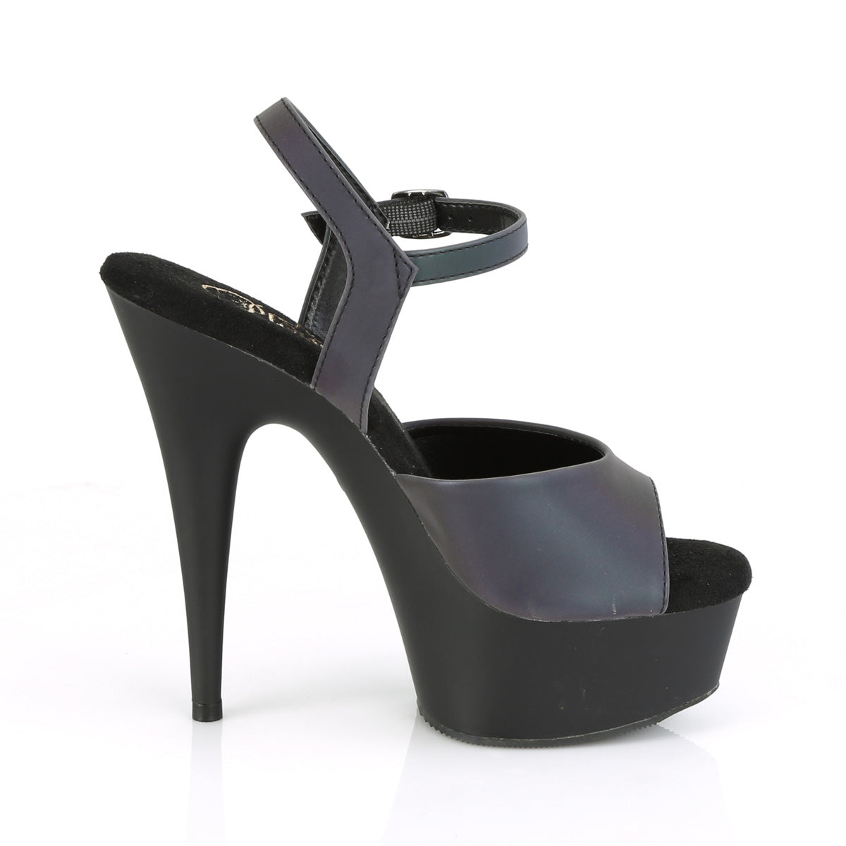 DELIGHT-609REFL *6" Heel, 1 3/4" PF Ankle Strap Sandal w/Reflective Effect