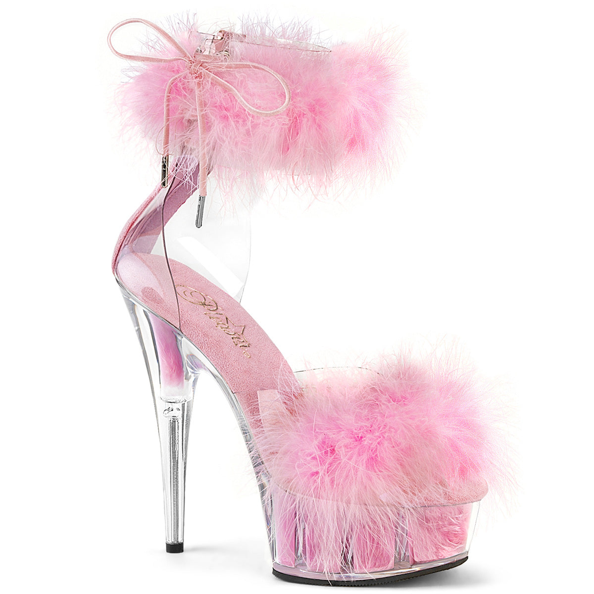 DELIGHT-624F 6" Heel, 1 3/4" PF Marabou Fur Ankle Cuff Sandal, Back Zip