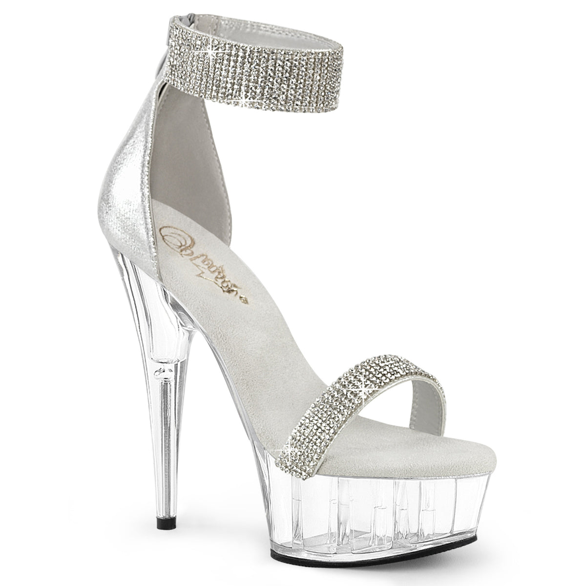 DELIGHT-641 6" Heel, 1 3/4" PF Rhinestoned Close Back Sandal, Back Zip