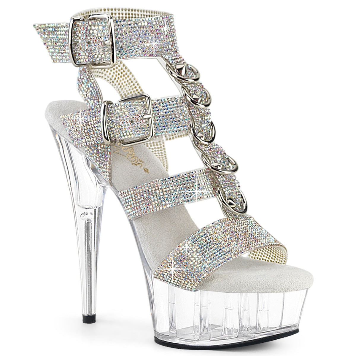 DELIGHT-656RS 6" Heel, 1 3/4" PF Rhinestoned Dual Buckle T-Strap Sandal