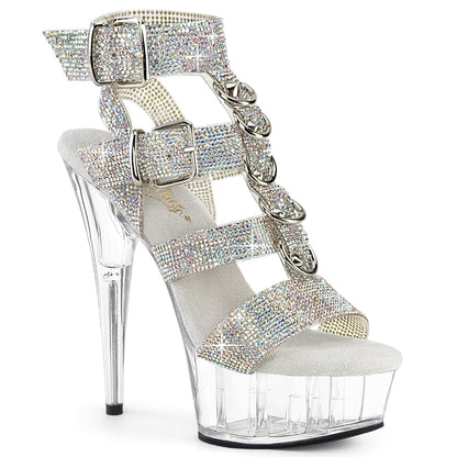 DELIGHT-656RS 6" Heel, 1 3/4" PF Rhinestoned Dual Buckle T-Strap Sandal
