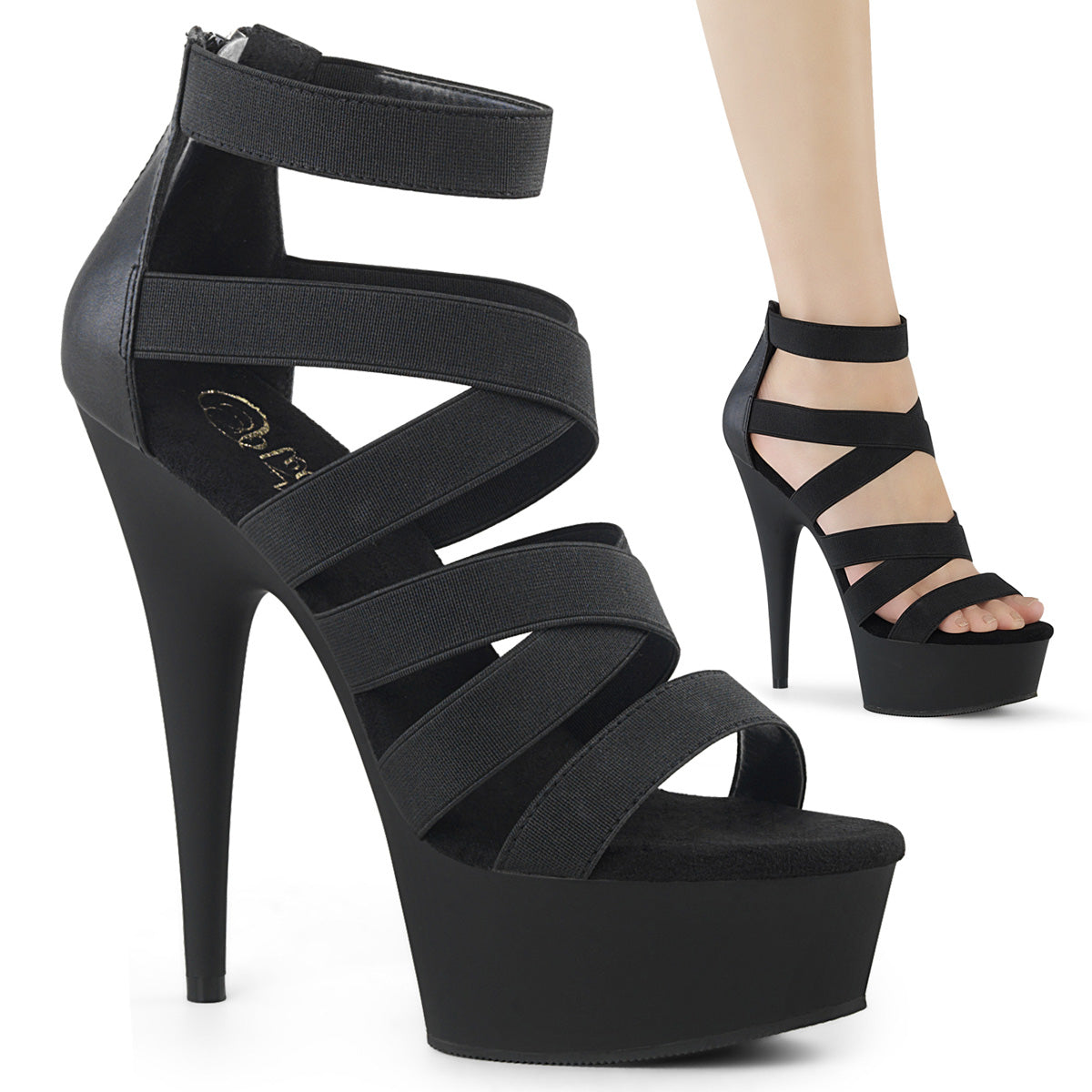 DELIGHT-659 6" Heel, 1 3/4" PF Double Criss Cross Sandal, Back Zip