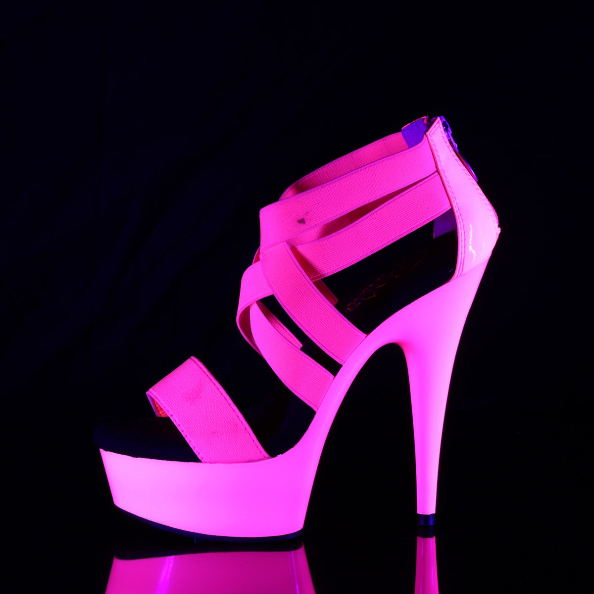 DELIGHT-669UV 6" Heel, 1 3/4" PF UV Reactive Criss Cross Sandal, Back Zip