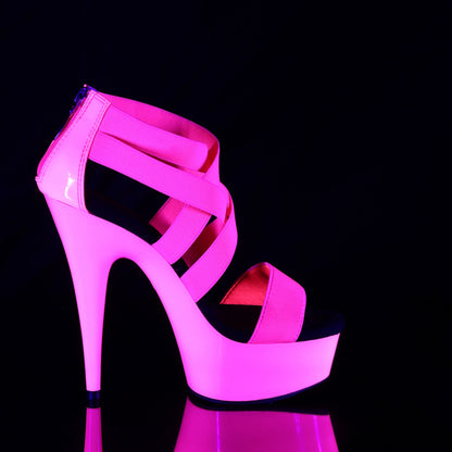 DELIGHT-669UV 6" Heel, 1 3/4" PF UV Reactive Criss Cross Sandal, Back Zip