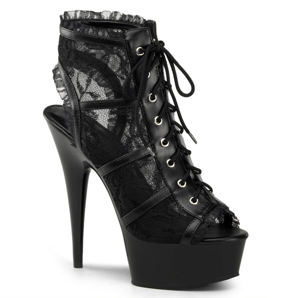 DELIGHT-696LC 6" Heel, 1 3/4" PF Lace Up Open Toe Open Back Bootie