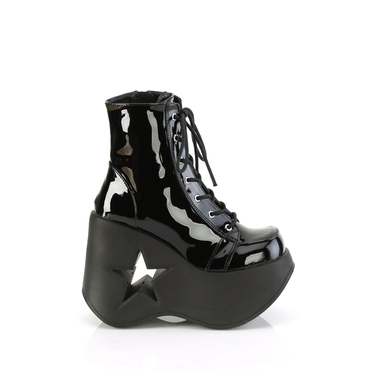 DYNAMITE-106 *5" Star Cutout PF Wedge Lace-Up Ankle Boot, Inside Zip