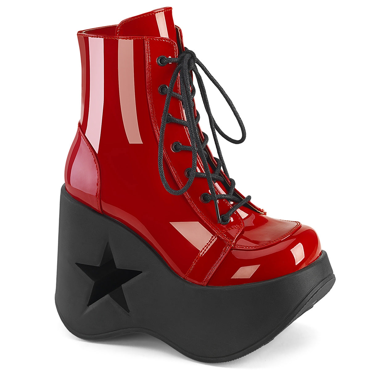 DYNAMITE-106 *5" Star Cutout PF Wedge Lace-Up Ankle Boot, Inside Zip
