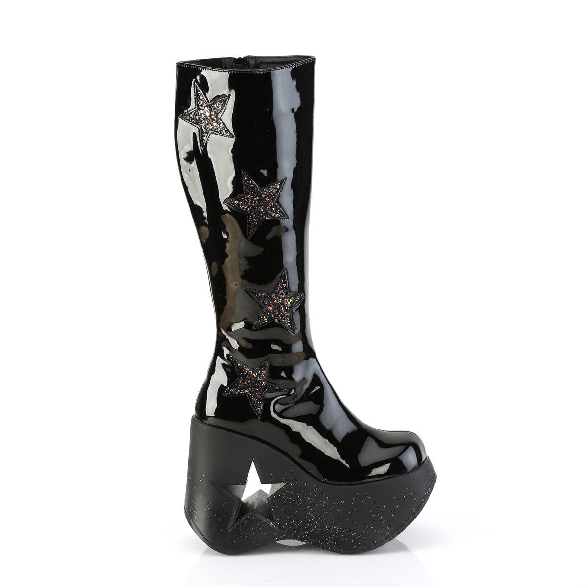 DYNAMITE-218 *5" Star Cutout PF Wedge Knee High Boot, Inside Zip