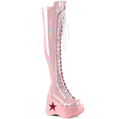 DYNAMITE-300 *5"Star Cutout PF Wedge LaceUp Thigh-High Boot,Outside Zip