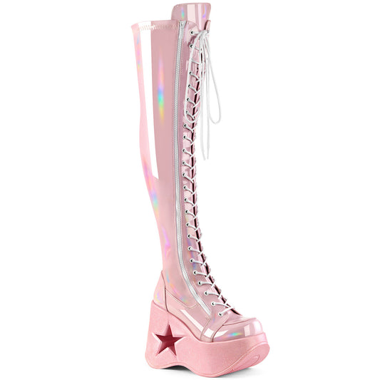 DYNAMITE-300 *5"Star Cutout PF Wedge LaceUp Thigh-High Boot,Outside Zip