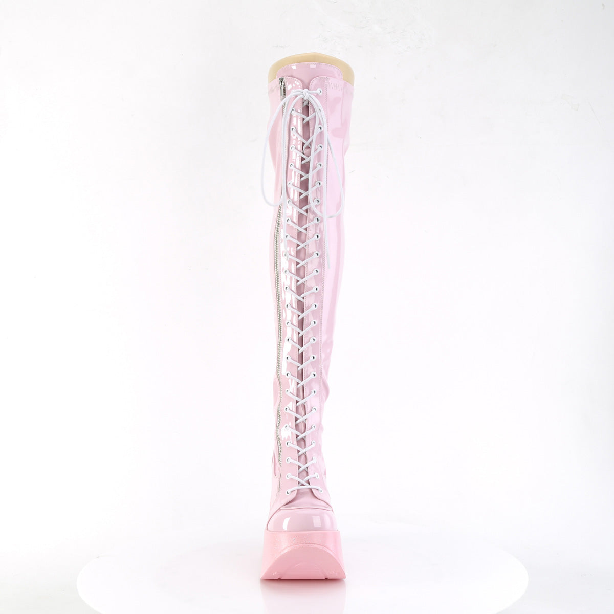 DYNAMITE-300 *5"Star Cutout PF Wedge LaceUp Thigh-High Boot,Outside Zip