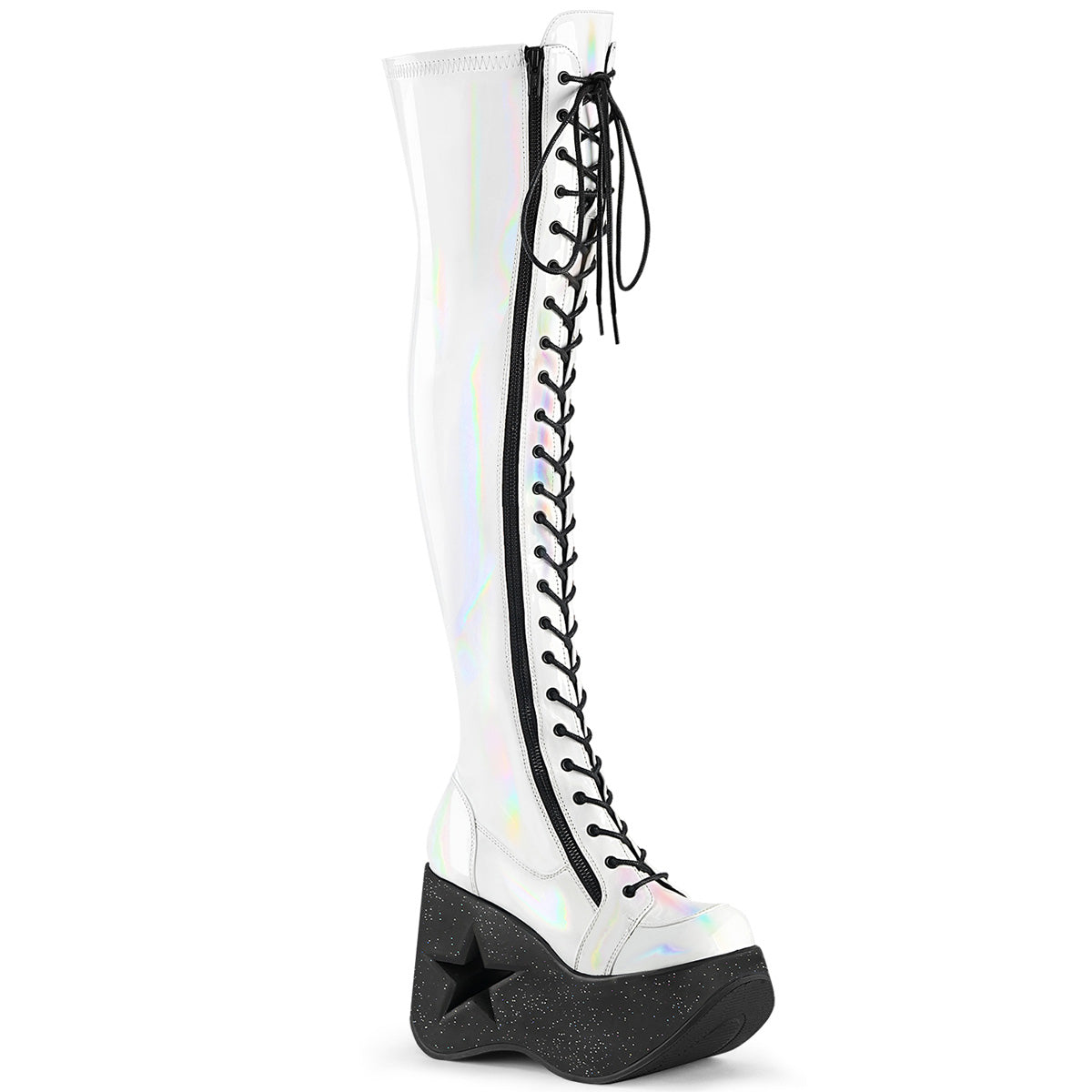 DYNAMITE-300 *5"Star Cutout PF Wedge LaceUp Thigh-High Boot,Outside Zip