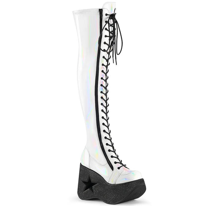 DYNAMITE-300 *5"Star Cutout PF Wedge LaceUp Thigh-High Boot,Outside Zip