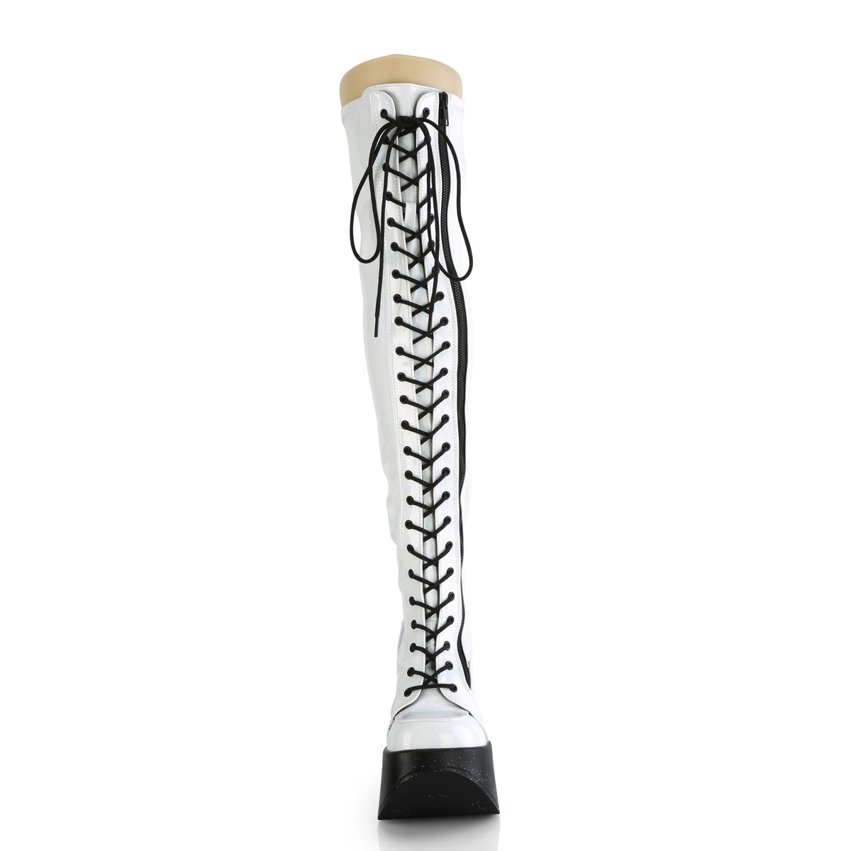 DYNAMITE-300 *5"Star Cutout PF Wedge LaceUp Thigh-High Boot,Outside Zip