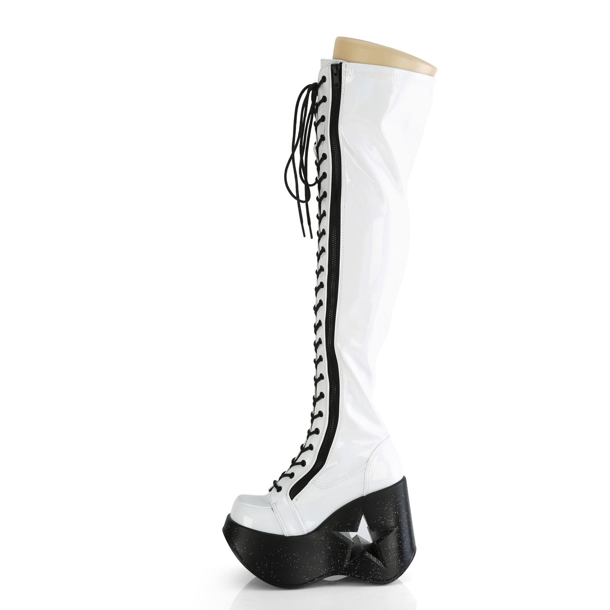 DYNAMITE-300 **5"Star Cutout PF Wedge LaceUp Thigh-High Boot,Outside Zip