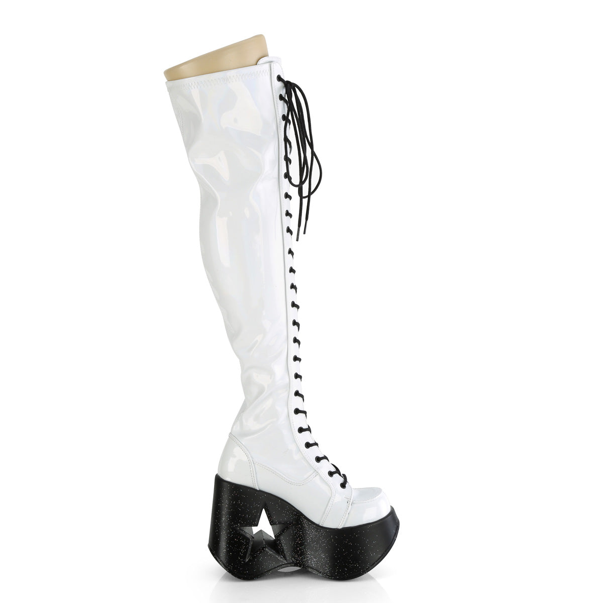 DYNAMITE-300 **5"Star Cutout PF Wedge LaceUp Thigh-High Boot,Outside Zip