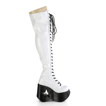 DYNAMITE-300 **5"Star Cutout PF Wedge LaceUp Thigh-High Boot,Outside Zip