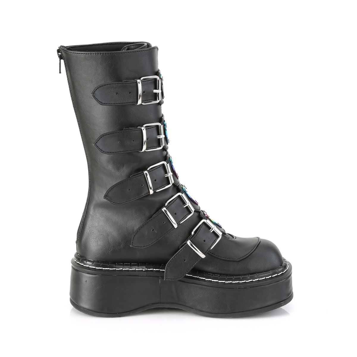 EMILY-330 2" Platform Calf High w/ 5 Buckle Straps, Back Metal Zip