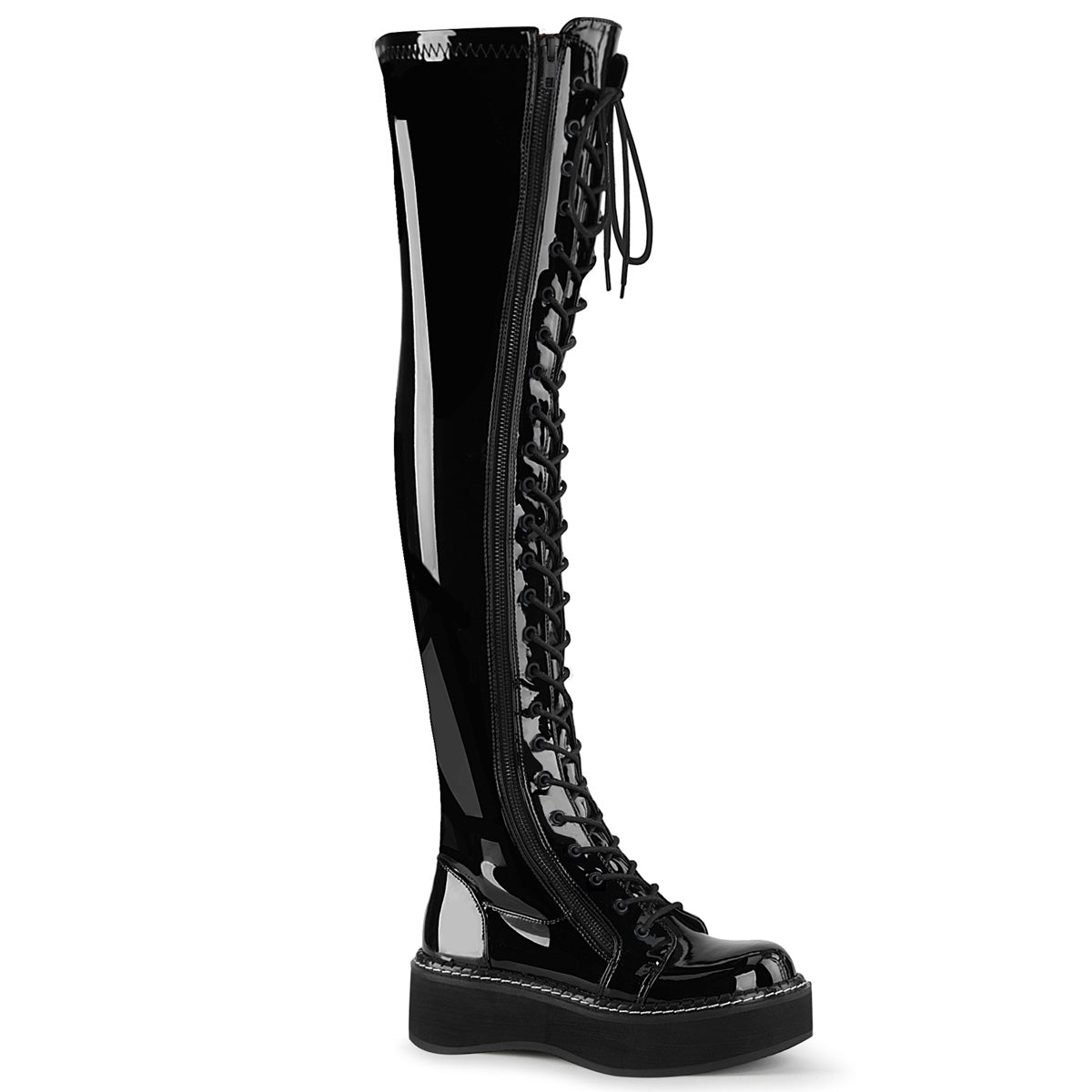 EMILY-375 2" PF STR Thigh-High Lace-Up Boot W/ Outer Metal Zipper