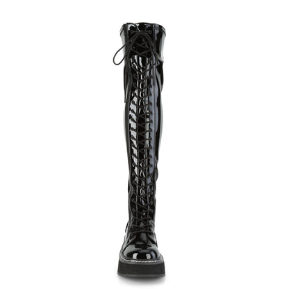EMILY-375 2" PF STR Thigh-High Lace-Up Boot W/ Outer Metal Zipper