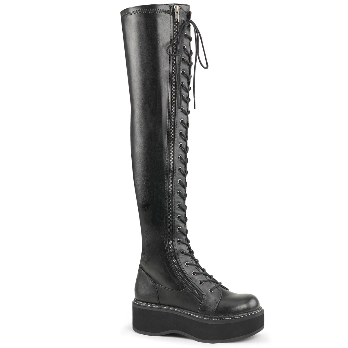EMILY-375 2" PF STR Thigh-High Lace-Up Boot W/ Outer Metal Zipper