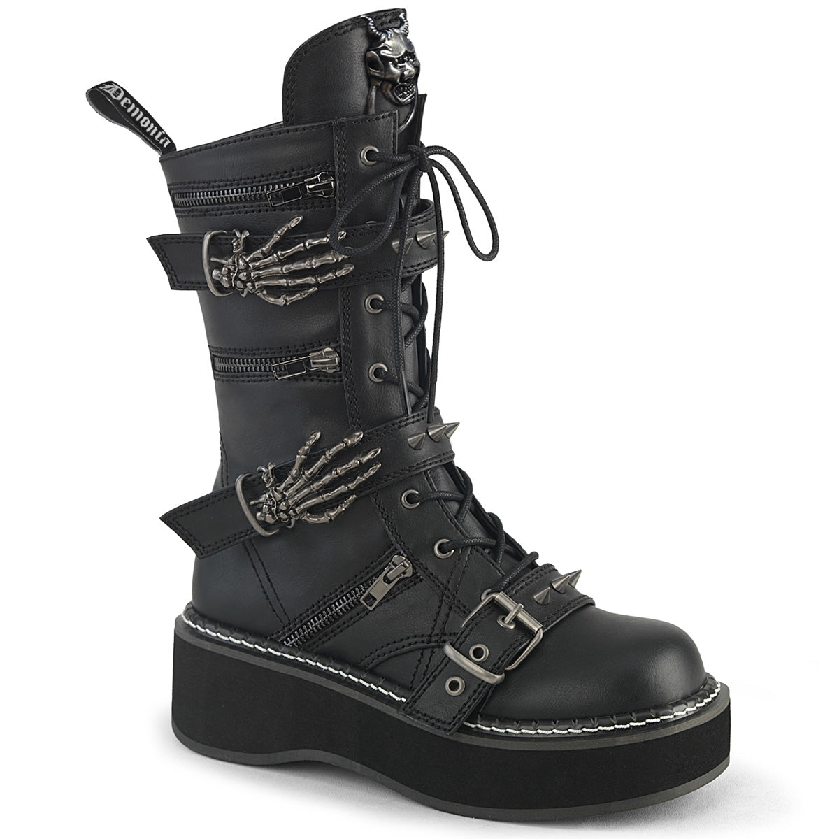 EMILY-82 2" PF Lace-Up Mid-Calf Boot w/ 4 Buckle Straps, Side Zip