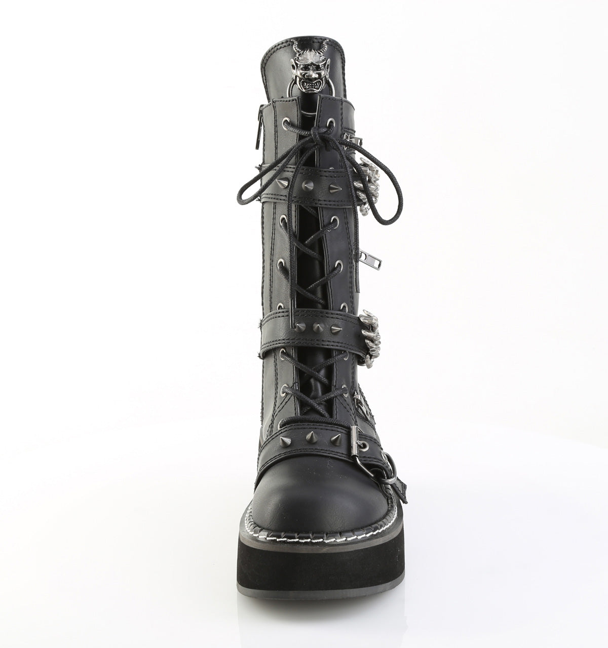 EMILY-82 2" PF Lace-Up Mid-Calf Boot w/ 4 Buckle Straps, Side Zip