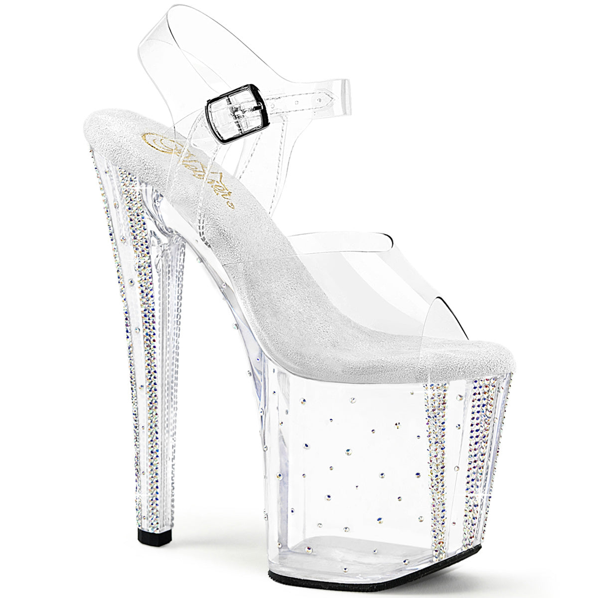 ENCHANT-708RS-01 8" Heel, 3 3/4" PF Rhinestone Studded Ankle Strap Sandal