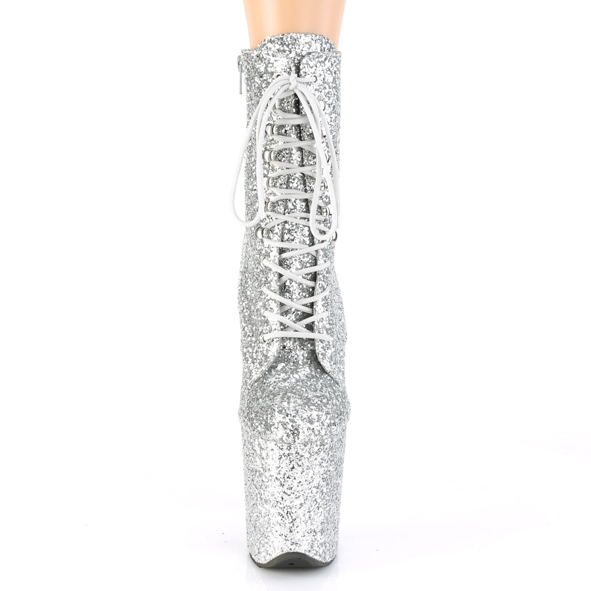 FLAMINGO-1020GWR *8" Heel, 4" PF Lace-Up Glitter Ankle Boot, Side Zip