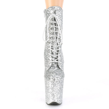 FLAMINGO-1020GWR *8" Heel, 4" PF Lace-Up Glitter Ankle Boot, Side Zip