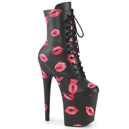 FLAMINGO-1020KISSES *8" Heel,  4" PF Lace-Up Lips Print Ankle Boot, Side Zip